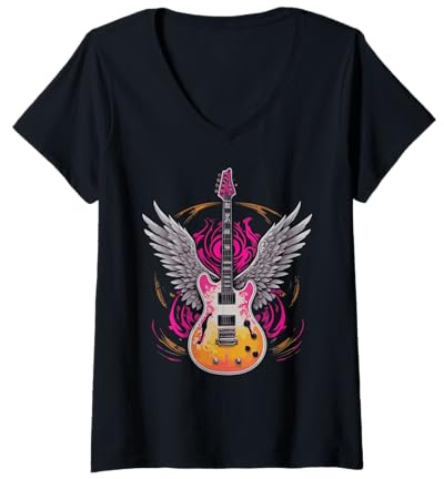 Damen Rock and Roll Gitarre Vintage Rockmusik T-Shirt mit V-Ausschnitt