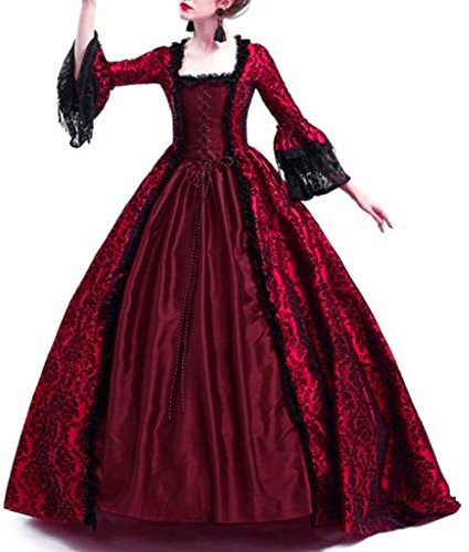 HAOLEI Vestido Medieval Mujer,Vintage Vestido Victoriano Mujer con Encaje Estilo Retro Maxi Vestido Gotico Mujer Vestido de Princesa Renacentista para Baile de Máscaras Disfraz Mujer Halloween