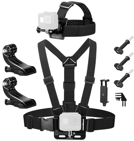 K&F CONCEPT Kit de Accesorios para Cámara de Acción Compatible con GoPro Hero 13 12 11 10 9 Insta360 dji Osmo 360 Action Teléfono Movil, Incluye Arnes Pecho, Correa de Cabeza, Clip de Teléfono Movil