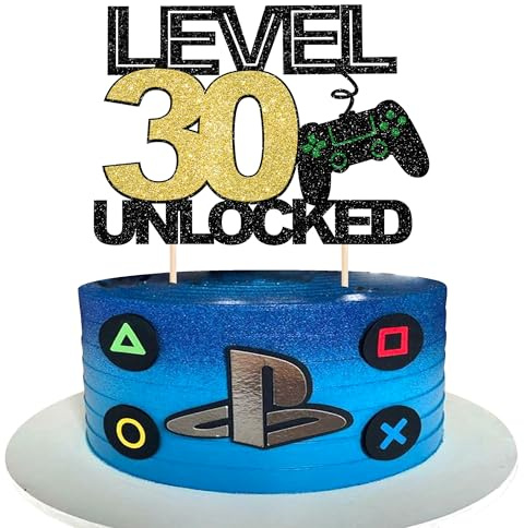 SYKYCTCY 1 Pack 30 Video Game Cake Topper Glitter Gaming Level Unlocked 30th Birthday Cake Pick Game On Controllers Cake Decoration for Boys Girls 30th Birthday Anniversary Party Decoration Supplies