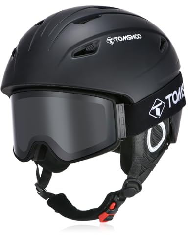 TOMSHOO Skidhjälm-set, snowboardhjälm med skidglasögon, öronskydd, ventilationsöppningar, skidhjälm och glasögon för män och kvinnor, M, svart