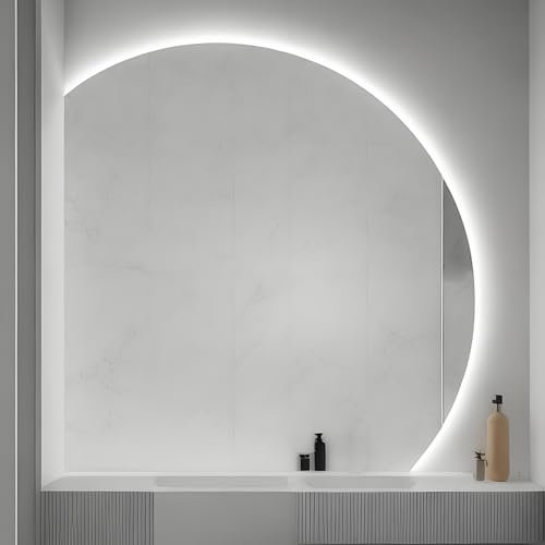 InnoMirroK Specchio da Bagno a Mezzaluna 90cm, Specchio per Trucco Intelligente Anti-Appannamento, Specchio da Parete a LED 3 Colori Dimmerabile, Interruttore Touch, Antideflagrante HD(Left Under Cut,