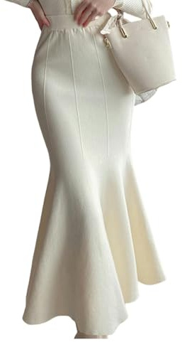 BWCKMTSC Gonna Lunga Donna Sirena Principessa Maglia A Coda di Pesce Gonna Media Lunga A Vita Alta Autunno -Bianco Sporco-8004 Taglia Unica Adatta A Tutti (80-130)