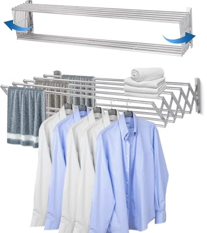 Sinbide Séchoir Mural, Séchoir à Linge Mural Rétractable Étendoir, Étendoir à Linge MuralMontage Mural,Étendoir à Linge Pliable pour l'intérieur ou l'extérieur (120cm)