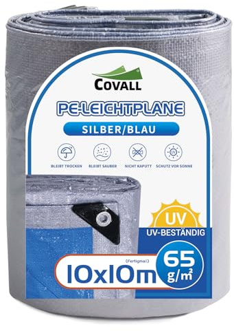 Covall Tarpaulin Lightweight Tarp Groundsheet Sheet Cover 10x10m Waterproof 65g/m² Silver&Blue tarpaulin with eyelets Weatherproof Windproof UV-Resistant for Car Truck Rv House Tent Boat Pool