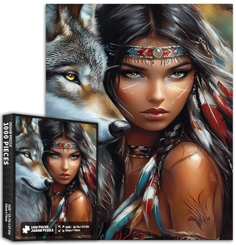 1 000 bitar indianflicka och varg pussel för vuxna färgglada gör-det-själv-pussel för heminredning gåvor familjepussel perfekt för spelkvällar 67 × 50 cm