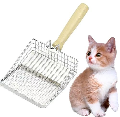 PlushPlumage Cat Litter Scoop-Thin Edge -Stainless Steel Mesh Cat Litter Shovel with Dual Sifting Gaps,Anti-Stick Wood Handle.Cat Dog Rabbit Sand Bath Cleaning Tool
