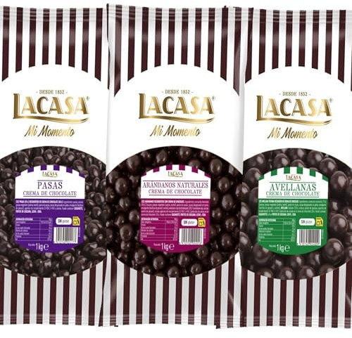 Lacasa Pack 3kg de bolas: Pasas de Corinto con chocolate Negro,Avellana con chocolate Negro,Arándanos con chocolate Negro