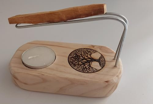 YA-DECOREGALOS Quemador de Madera para Palo Santo e Incienso, Diseño Árbol de la Vida, con Portavelas y Varillas Metálicas y Palo Santo, Elimina y purifica Espacios