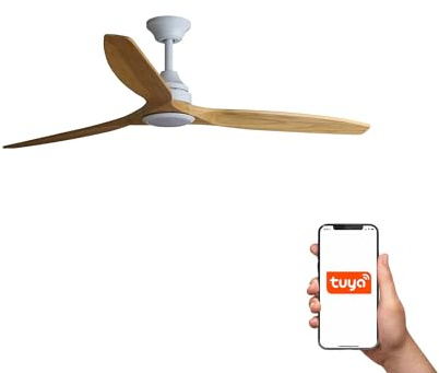 Faro Alo Grand ventilateur 3 lames blanc mat, bois avec éclairage 2700-4000 - 6500 K, système intelligent Tuya