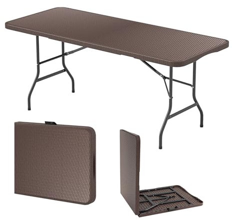 GYMAX klappbar Tisch aus Kunststoff, Campingtisch mit Tragegriff & HDPE-Tischplatte, Langer Klapptisch für 6-8 Personen, Wetterfest Gartentisch für Garten, Terrasse (Kaffeebraun, 180 x 74 x 75 cm)