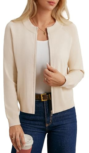 GRACE KARIN Women's Zip Cardigan Casual Knitted Jacket Sweater with Pockets | Raglan Long Sleeve Autumn Winter Cardigans Crew Neck Lightweight Stretch Ribbed Cardigans Office Casual Sweater Jacket