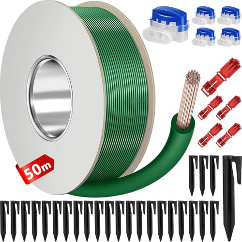 VIBINHO Câble Robot Tondeuse 50m Kit Complet avec 25 Piquets Sol, 5 Connecteurs de Câble & 5 Bornes de Connexion, Fil Périmètre Haute Visibilité pour Gardena, Husqvarna, Bosch, Worx, etc.