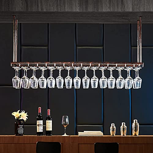 Vintage Copper Wine Rack Hanging Glass Holder Ceiling Shelf Metal Wine Bottle Holder with Glass Storage Ideal for Kitchen Bar Under-Cabinet Glassware Display.