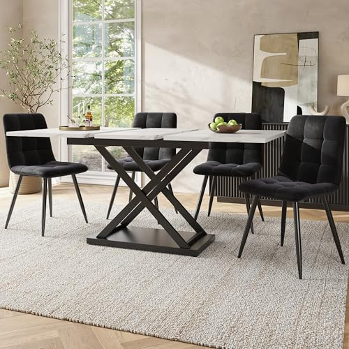 Kebnor Essgruppe (5-TLG), Ausziehbares Esstischset für 4 Personen,160×80×75cm Esstisch mit 4 Esszimmerstühlen,Esstischstühle aus schwarzem Samt, marmorierter Esstisch (Weiß)