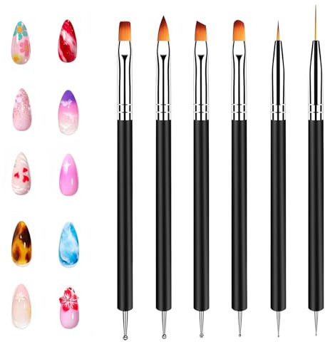 Set di Pennelli per Nail Art – 6 Pennelli a Doppia Estremità (12 Funzioni) per Linee, Dettagli, Fiori, Punti, e Altri Motivi – Set Professionale per Nail Art, Gel e Decorazioni per Unghie