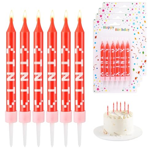 24 Stk Pixel Kerzen rot-weiß, TNT Themen Party Deko für Kuchen | Blockige Pixel-Design Tortenkerzen für Geburtstagstorte, Hochzeit & Abschlussfeier. Langanhaltend & tropffrei
