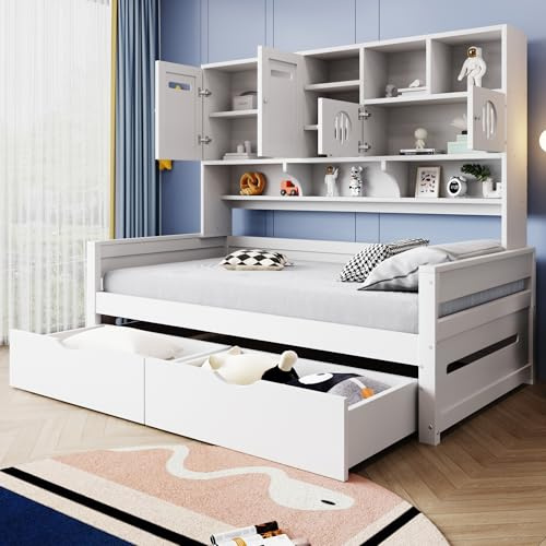 HESHU Tagesbett Schlafsofa 90x200, Holz Einzelbett mit Stauschrank, 2 Schubladen, Regalen, Massivholzbett mit Lattenrost, Ohne Matratze, Weiß