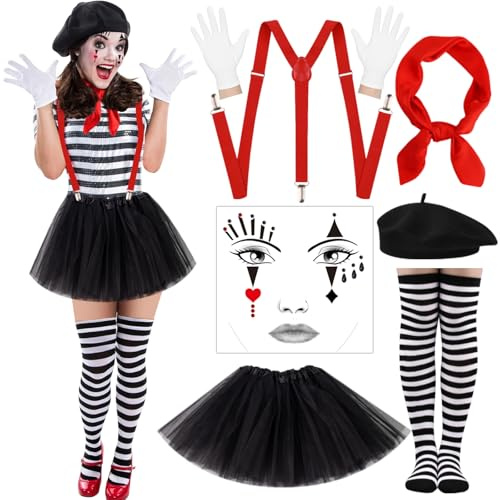 BITOWO Pantomime Costume da donna, set di accessori con gonna in tulle, bretelle, berretto basco, guanti, calze, tatuaggio facciale, carnevale, costume da clown, da donna, da uomo e da donna