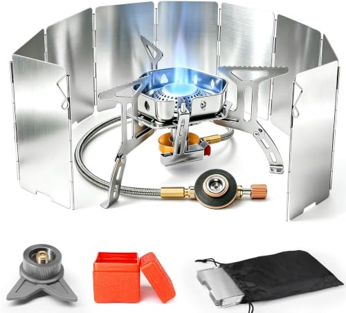 AUTOPkio 3500W Hornillo de Camping con protector de viento, Mini Estufa | Portátiles de Camping con Encendido Piezoeléctrico, Plegable Quemador Estufa de Gas para Picnic Senderismo Exteriores