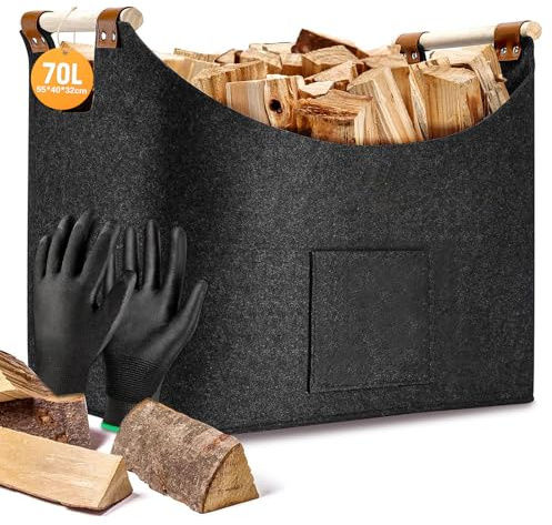 Holzkorb für Kaminholz, Transport & Aufbewahrung. Kaminholzkorb mit Handschuhen, Feuerholzkorb faltbar, Extra Dicker Filztasche für Brennholz, Holz. 55x40x32CM 70L