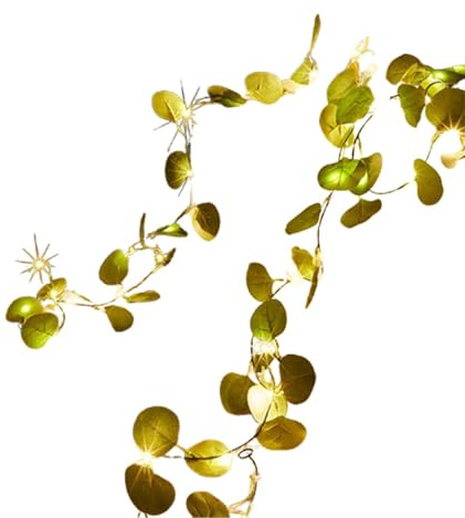 Ghirlanda luminosa con foglie di eucalipto artificiali 2 m/20 LED, ghirlanda di ferie a batterie, foglie verdi realistiche, filo di rame flessibile, decorazione naturale per casa, Natale, giardino