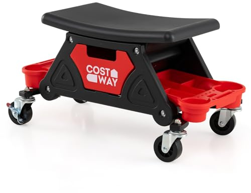 COSTWAY Werkstatthocker mit Rollen, Werkstatt Rollsitz 135 kg belastbar, Rollhocker mit ausziehbarer Schublade & 2 Ablagen, Montagehocker Garagenhocker für Werkstatt, Garage