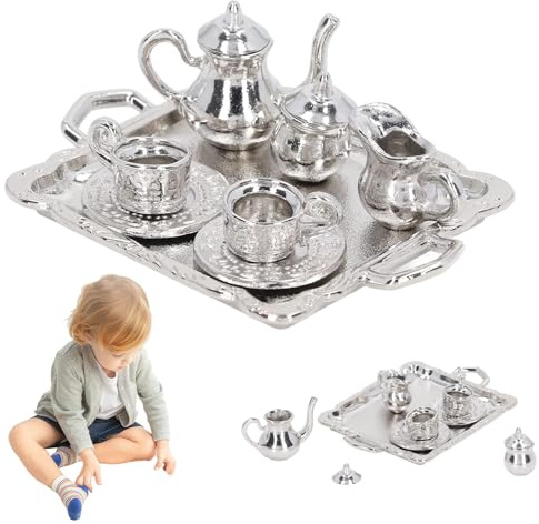 Mini Juego de té Juego de té en Miniatura de Metal 1/12 diseño Vintage pequeño Kit de Bandeja de Mini Tazas decorativ