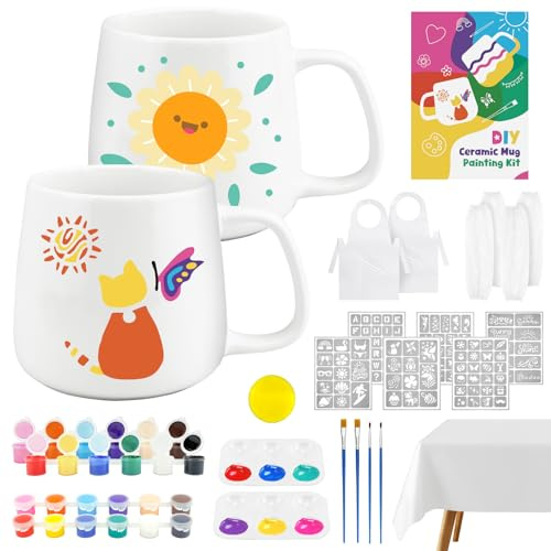 Keramik Bemalen Set für Anfänger – 2 Tassen, 6 Schablonen & 12 Farben | Inkl. Schürzen, Tischdecke & Ärmelschoner, Tassen Bemalen Set – ideal als Geschenk