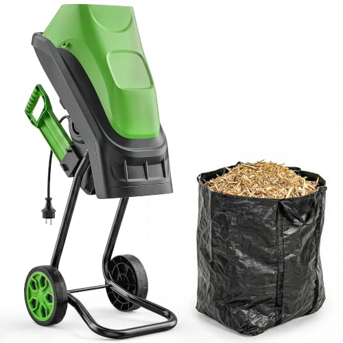 Outsunny Trituradora de Ramas Eléctrica 2500W Trituradora de Jardín Verde | 2 Cuchillas Reversibles, Hasta Ø44 mm de Ramas, Bolsa de Recolección de 45L, Ruedas, Protección de Sobrecarga