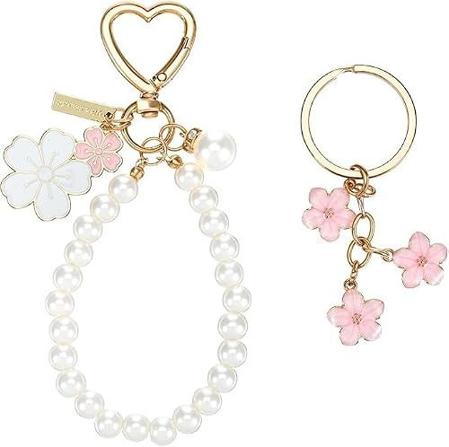 Merzio 2PCS Cute Flower Keyring Set for Women Girls, Aesthetic Keychain with Pearl Wristlet Bag Charm Accessories for Car Keys Handbags Backpacks Perfect Accessories and Gift