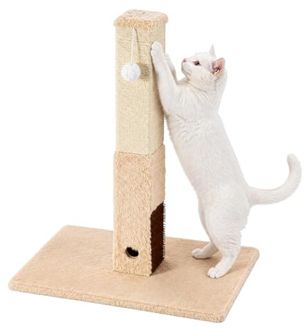 FERNVALE Cat Scratching Post Indoor Cat Tree with Natural Sisal Rope Interactive Dangling Toy Ball & Self-Grooming Brush Vertical Claw Scratcher for Kittens and Adult Cats (Beige)