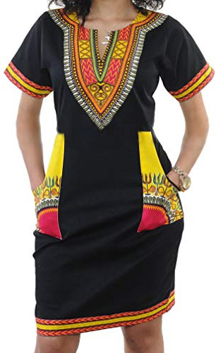 Womens Bohemian African Dashiki Skirts Traditional Tribal Festival Midi Dresses Black/Yellow