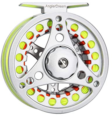 AnglerDream 1 2 3 4 5 6 7 8WT Fliegenrolle mit Schnur Combo große Dorn Aluminium Fliegenfischrollen (Fluo gelbe Fliegenschnur, 3/4WT Fliegenrolle mit Schnur-Kombination)