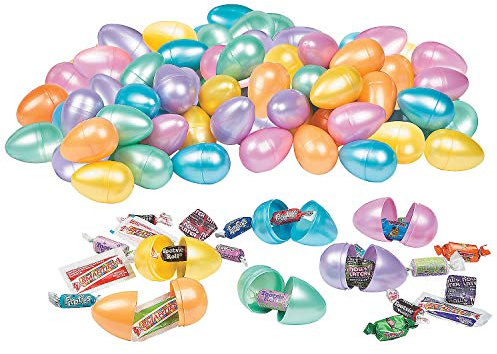 Fun Express Bulk Shimmer Plastic Easter Eggs Prefilled with Candy 1000 Pieces - 2.5 Inch Shiny Pastel Candy Filled Eggs for Kids Easter Egg Hunt Supplies | Perfect for Home School Church Events & Parties