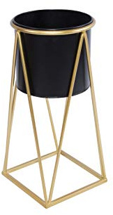 green leaves Medium Black Metal Planter Stand with Pot for Indoor Plants