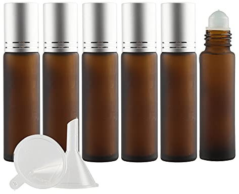 TIANZD 6 Stück Leere 10ml Matt braun Glas Roller Flaschen mit Silber Alu Schraubverschluss, Roll-On Glasflaschen mit Glasroller für Ätherische Öle Essential Oil mit Trichter Öffner