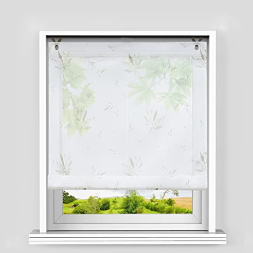 Heichkell Raffrollo mit Ösen Voile Raffgardine Blätter-Motiv Raffrollo ohne Bohren Küche Gardine Landhausstil Transparenter Vorhang Kinderzimmer Weiß BreitexHöhe 45x130 cm