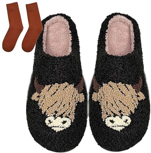 Oveallgo Damen-Hausschuhe Mit Highland-Kuh, Plüsch, Schottische Highland-Kuh, Tierhausschuhe, Warm, Für Zuhause Und Drinnen (Schwarz, Erwachsene, 44, Numerisch (von/bis), EU Schuhgrößensystem, 45, M)