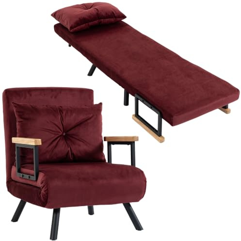 HOMCOM Schlafsofa mit verstellbarer Rückenlehne in 5 Stufen, Einzelnes klappbares Schlafsofa mit Kissen für Wohnzimmer, aus gepolstertem Stoff, Stahl und Holz, 63x73x81 cm, Rot