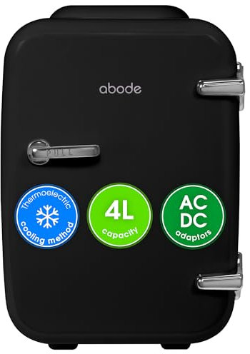 Abode Black Mini Fridge A4CLR201B 4L/6 Can Portable Thermoelectric Mini Cooler & Warmer for Drinks, Cosmetics/Makeup/Skincare, AC/DC Power, Retro Style, For Bedroom, Home, Caravan, Car