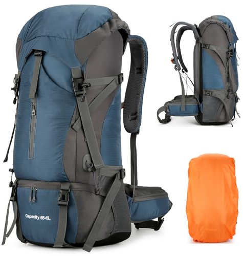Wanderrucksack 70L für Herren Damen, Ultraleichter Campingrucksack Trekkingrucksack Reiserucksack Großer Wasserdichter Wandern Rucksack mit Regenhülle für Trekking, Bergsteigen, Outdoor (Dunkelblau)