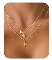 Auiremrti Collier Coquillage pour Femmes, Plaqué or 14 Carats, Collier à Plusieurs Rangées avec Pendentif Étoile de Mer-Coquillage-Perles de Coquillage, Anti-Ternissement, Bijou en Acier Inoxydable