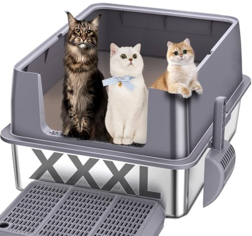 Stainless Steel Litter Box, 28 L*20 W*12 H XXL Extra Large Litter Boxes | Metal Litter Box with Hight Sides for Big Cats& Multiple Cats,Never Absorbs Odors, Anti-Urine Leakage, Easy Cleaning