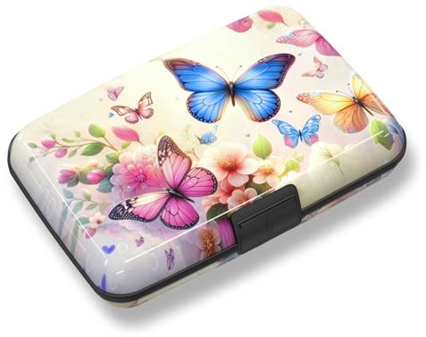 ToLuLu Porte-cartes de crédit, mini portefeuille en aluminium RFID, pour cartes de visite, blocage RFID, poche avant, étui rigide CC pour homme et femme, Papillons colorés., 4.33 x 2.83 x 0.7 inches