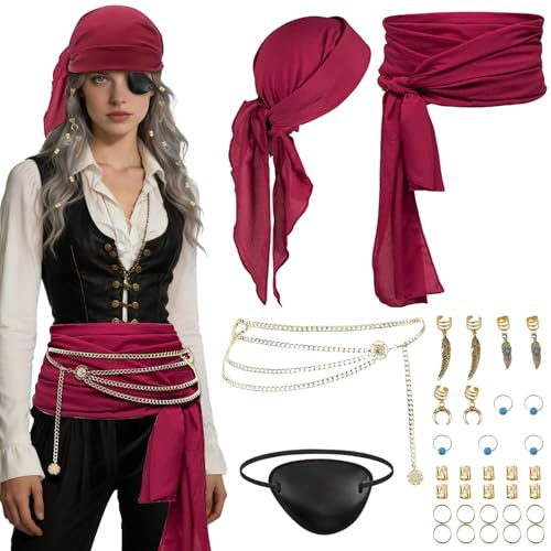 Rdlobu Piratenkostüm, Piratenkostüm Zubehör-Piraten Kette, Piraten Gürtel, Rotes Kopftuch Pirat, Pirat Augenklappe für Karneval, Cosplay, Halloween