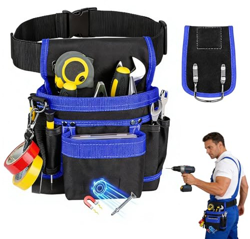 Cintura porta attrezzi Borsa da Cintura Con 26 tasche, Borse Porta Attrezzi Magnetiche per Uomo, Borse da Cintura Rimovibili Borsa Porta Attrezzi (Cintura porta attrezzi con 14 tasche blu)