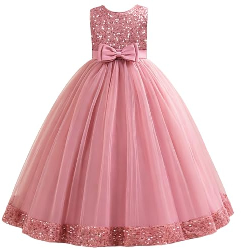 Discoball Girls' Sleeveless Sequin Bow Floor-Length Dress – Flower Girl Princess Wedding Party Gown Tutu Long Dress for Kids 8-11 Years