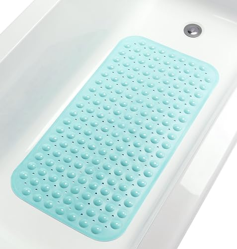 Tike Smart Large Non-Slip Bathtub & Shower Mat 31”x16” (Smooth/Non-Textured Tubs Only) Safe, Clean,Machine-Washable, Superior Grip&Drainage, Vinyl, Opaque Aqua/Blue-Green
