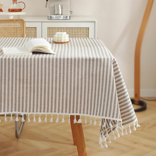 meioro Gestreifte Tischläufer Fringe Tischläufer Einfache und Elegante Heimtextilien für Den Innen- und Außenbereich | Braun/Weiße Streifen Abwaschbare Tischdecken, Dekorative Tischwäsche mit Quasten, Esszimmer Tabletop Boho Küche Table Cloth